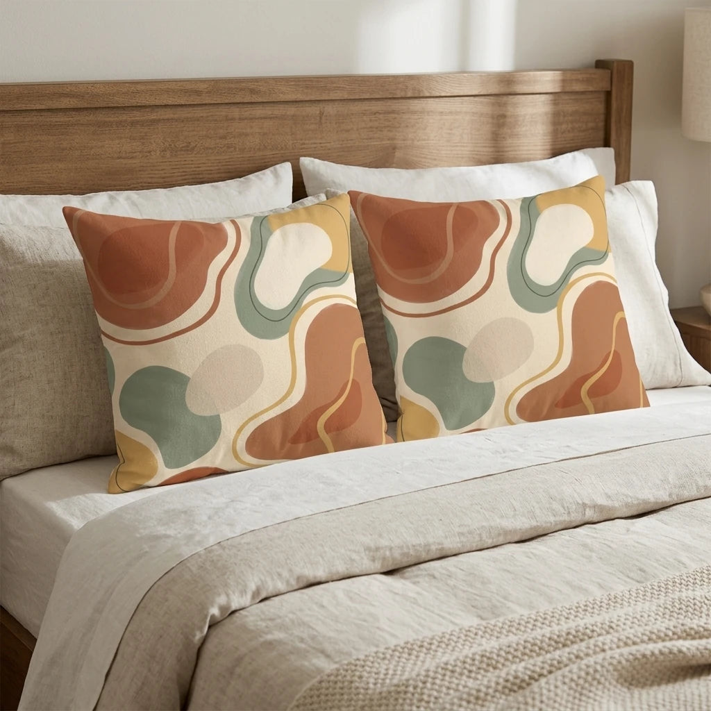 Two decorative pillows featuring earthy abstract organic shapes in terracotta and sage green on a cozy bed with a wooden headboard.