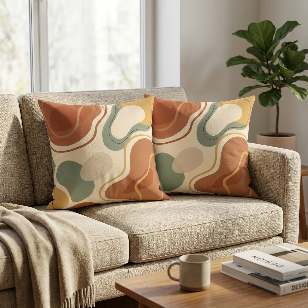 Two cushions with a mid-century abstract pattern in terracotta and green on a neutral sofa in a bright, minimalist living room.