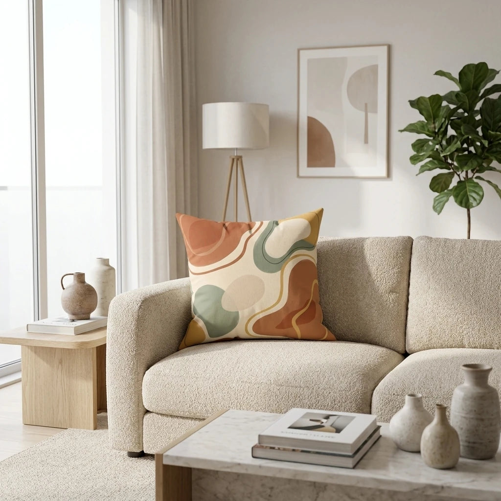 Modern abstract throw pillow featuring terracotta, sage green, and mustard organic shapes on a cream sofa in a bright, minimalist living room.