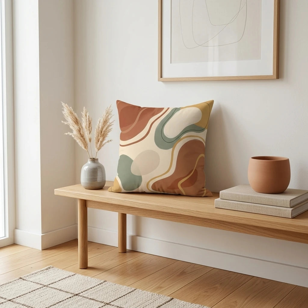 Minimalist throw pillow with abstract organic patterns in terracotta and sage green on a wooden bench in a modern, neutral-toned interior.