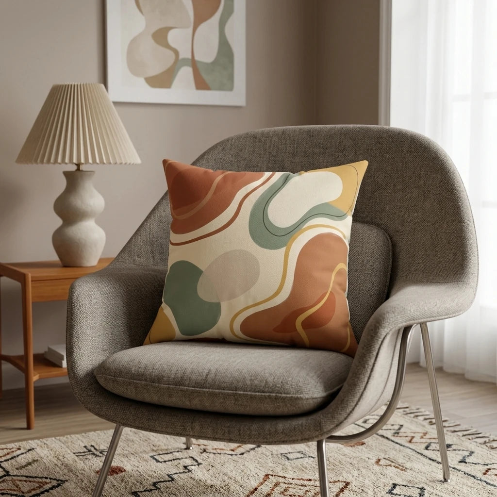 Abstract pattern throw pillow featuring terracotta, sage green, and mustard organic shapes on a modern gray armchair in a cozy living room.