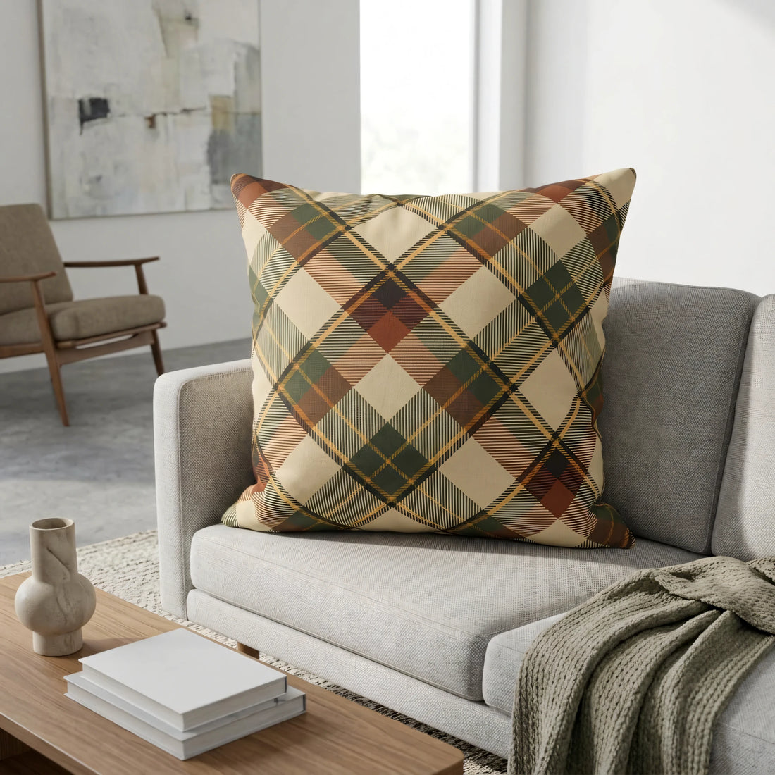 Front view of Heritage Bias Cut Plaid Pillow Cover on a white background.