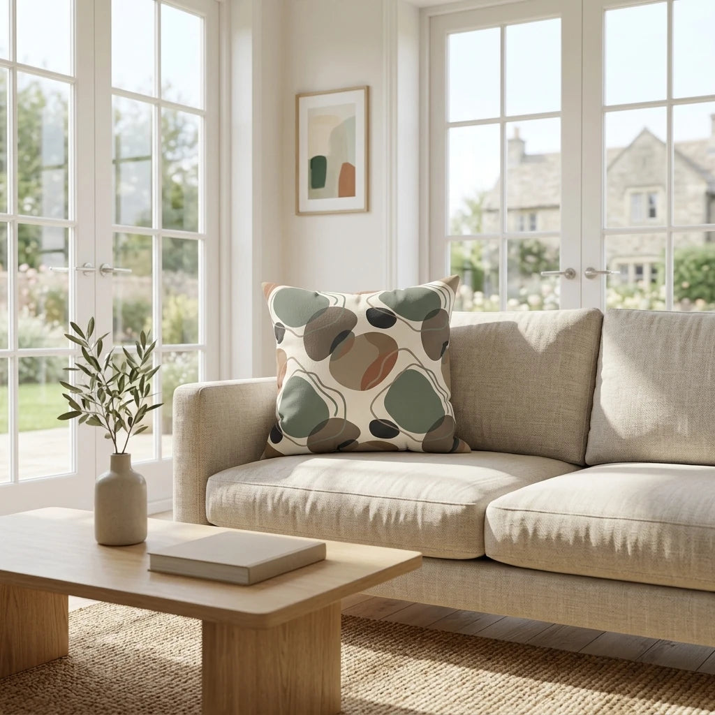 Abstract earth-toned cushion with organic shapes on a beige sofa in a bright, sunlit living room with large windows and wooden table.