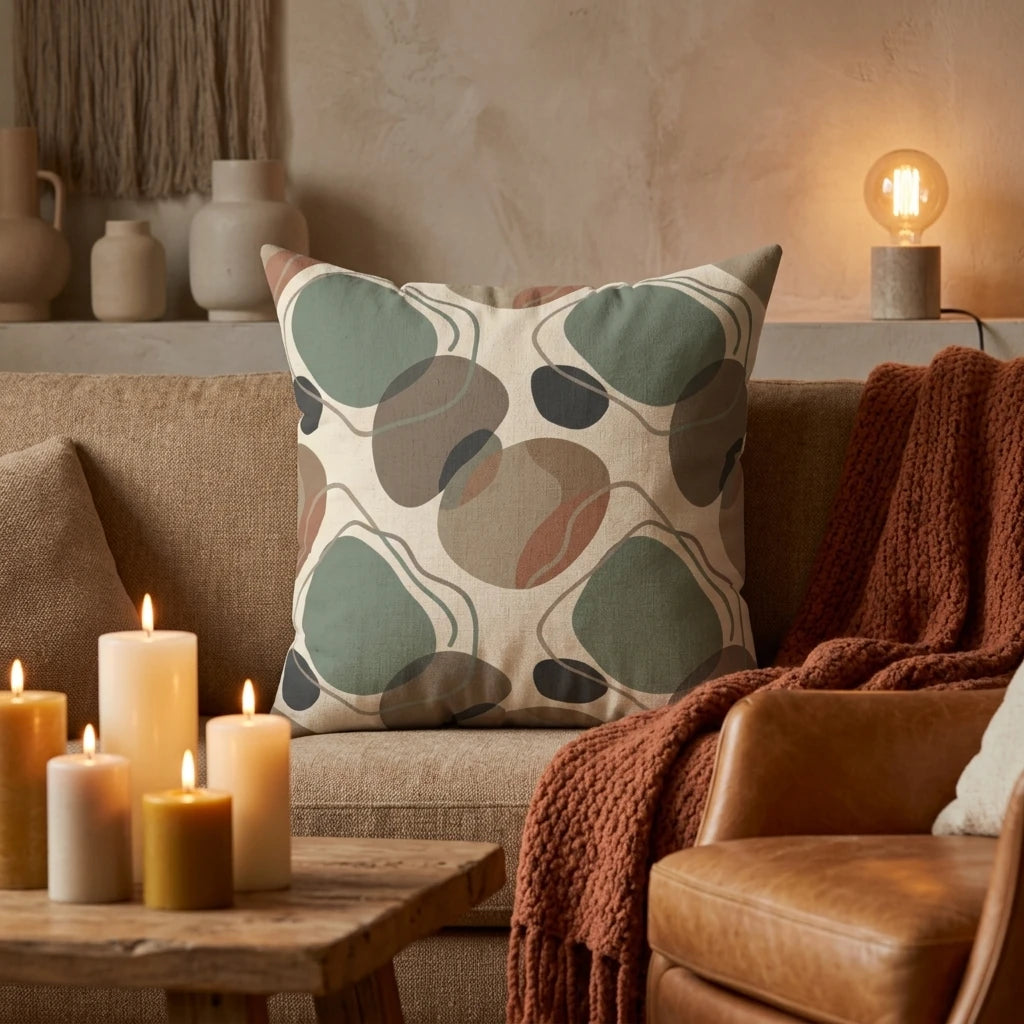 Abstract patterned pillow with sage green and rust earth tones on a cozy tan sofa, surrounded by lit candles and a warm knit throw blanket.