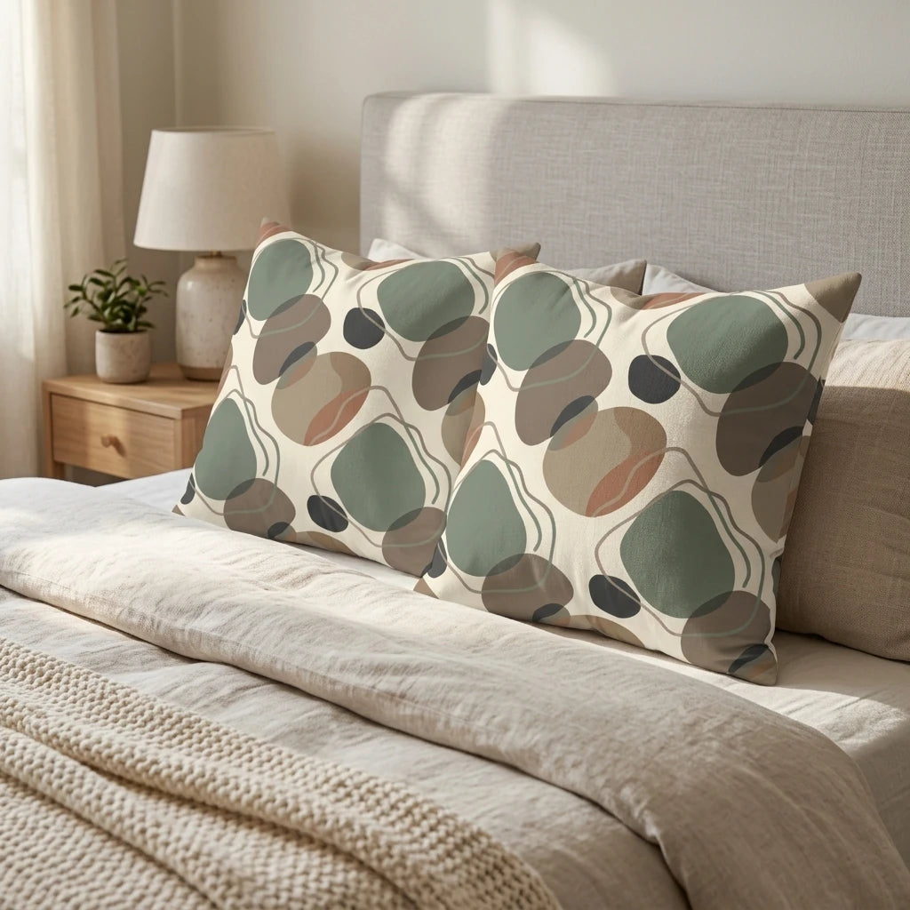 Two pillows with modern abstract organic patterns in earthy sage green and brown tones on a cozy bed with a grey headboard in a bright bedroom.