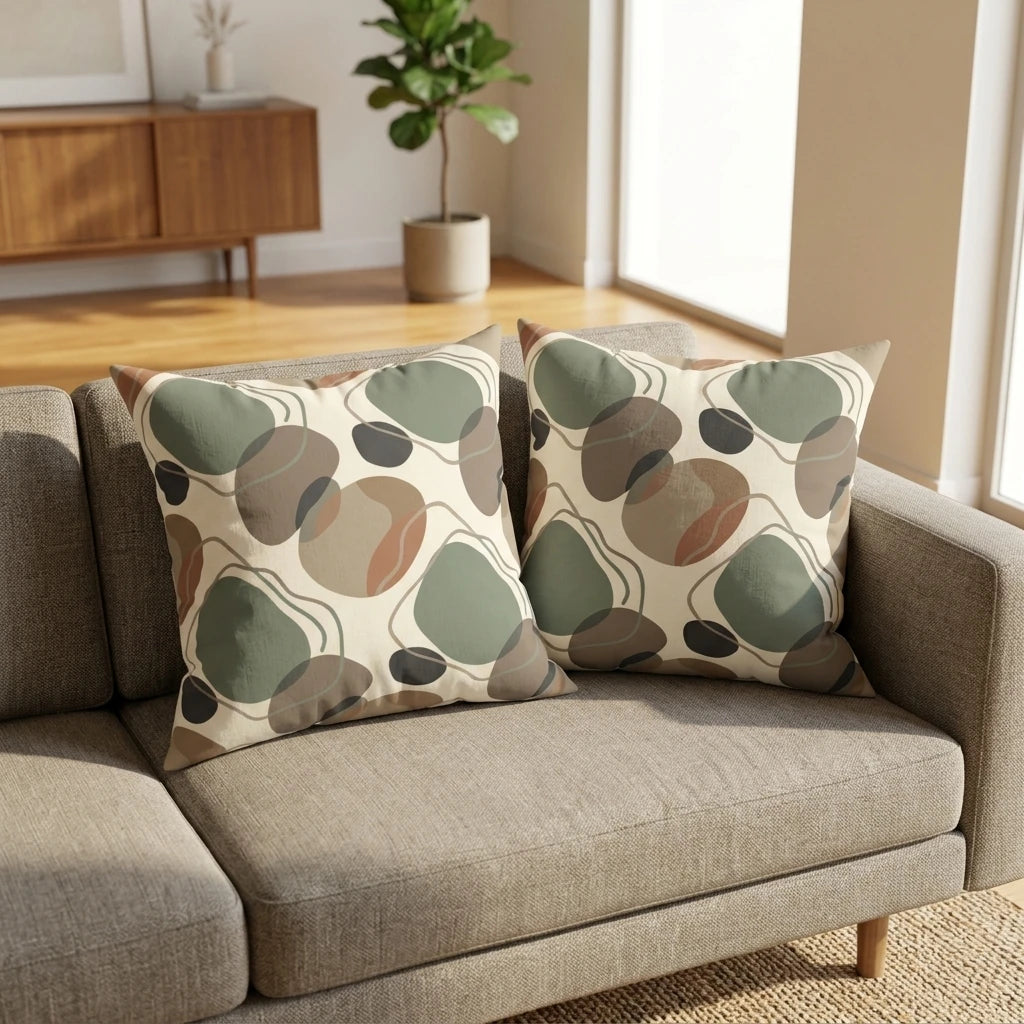 Two decorative throw pillows with earthy abstract patterns and sage green accents on a gray sofa in a minimalist, sunlit living room.