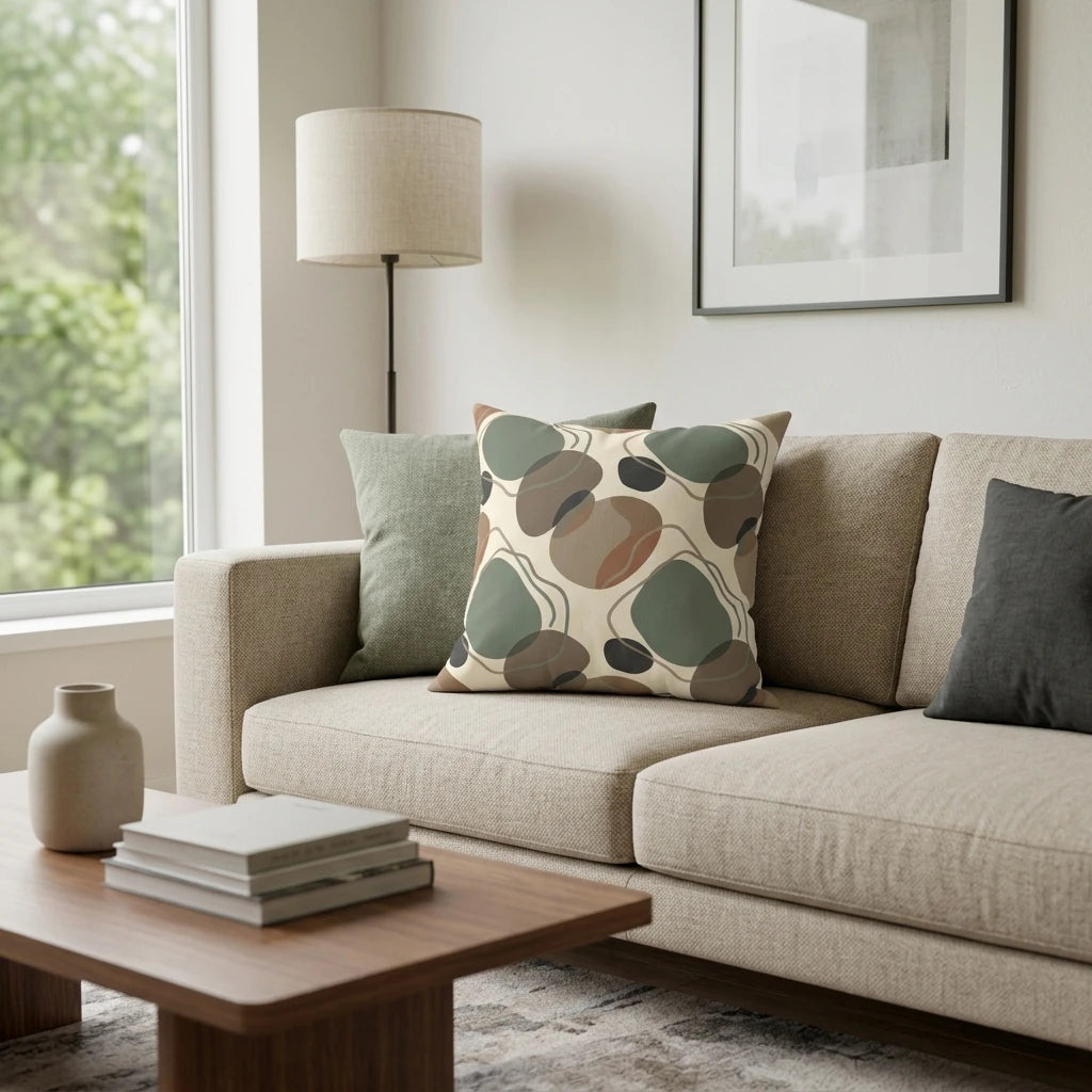 Abstract earthy throw pillow with sage and brown organic shapes on a beige sofa in a modern living room interior lifestyle shot.