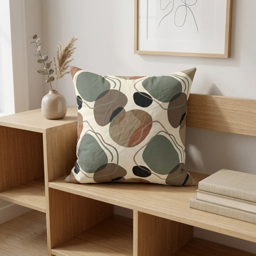 Minimalist throw pillow with abstract earth-toned organic shapes in green and brown, styled on a wooden shelf in a modern lifestyle setting.