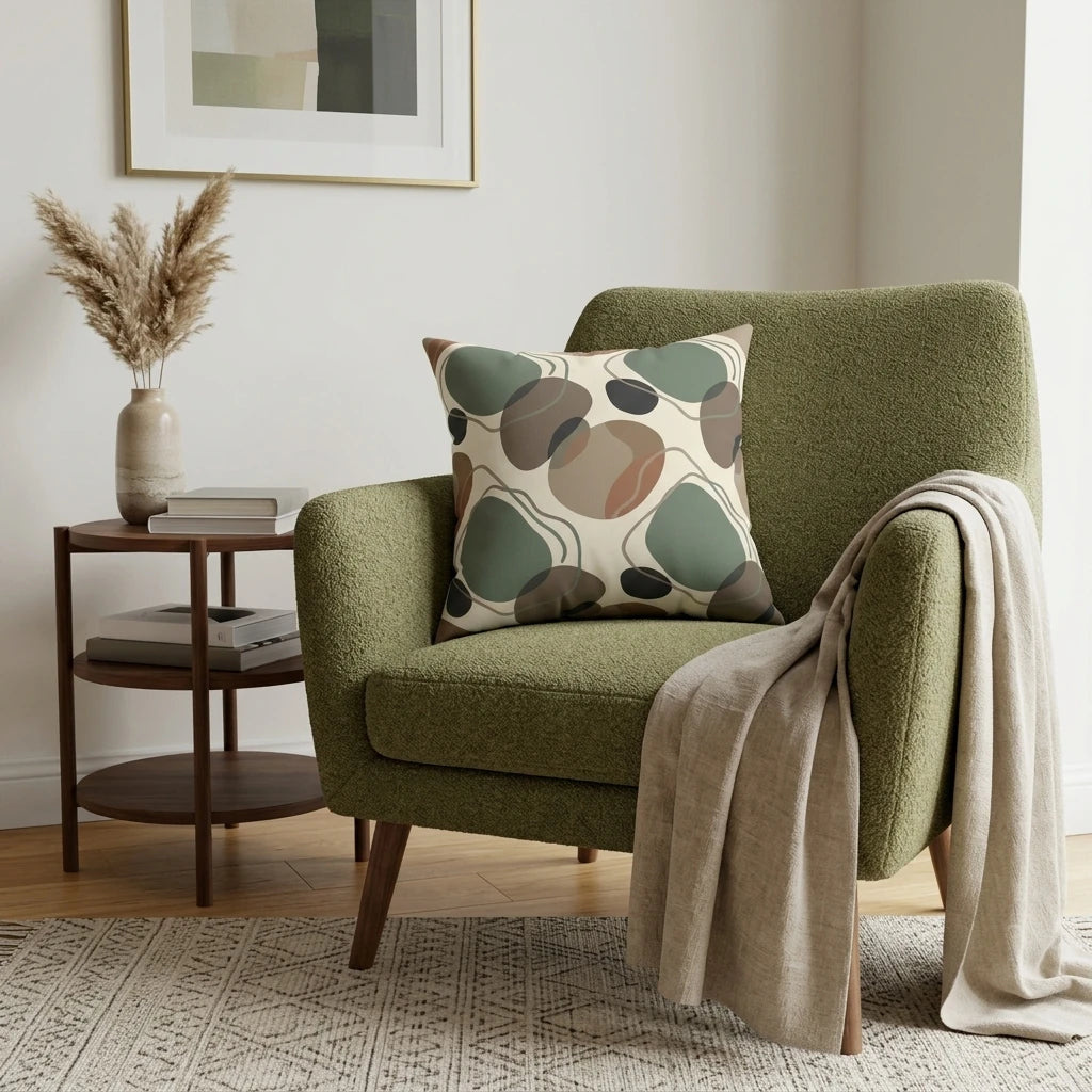 Abstract pattern cushion with sage and earth-toned shapes on a green boucle armchair in a cozy, modern living room interior.