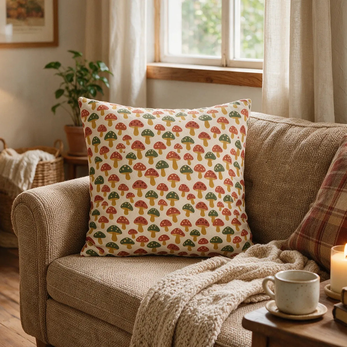 Square throw pillow with a colorful mushroom pattern on a beige sofa in a cozy living room featuring a chunky knit blanket and warm candle.
