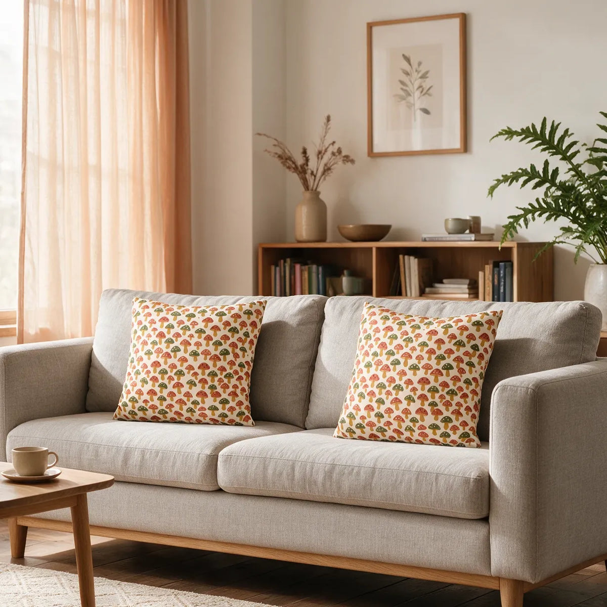 Square decorative cushions with a mushroom print in warm colors, styled on a modern grey sofa in a cozy living room with natural light and plants.