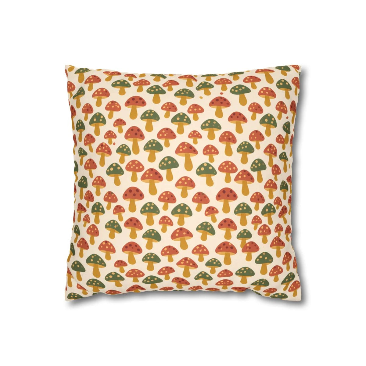 Front view of Folk Mushroom Cushion Cover - Terracotta & Olive Boho Decor on a white background.