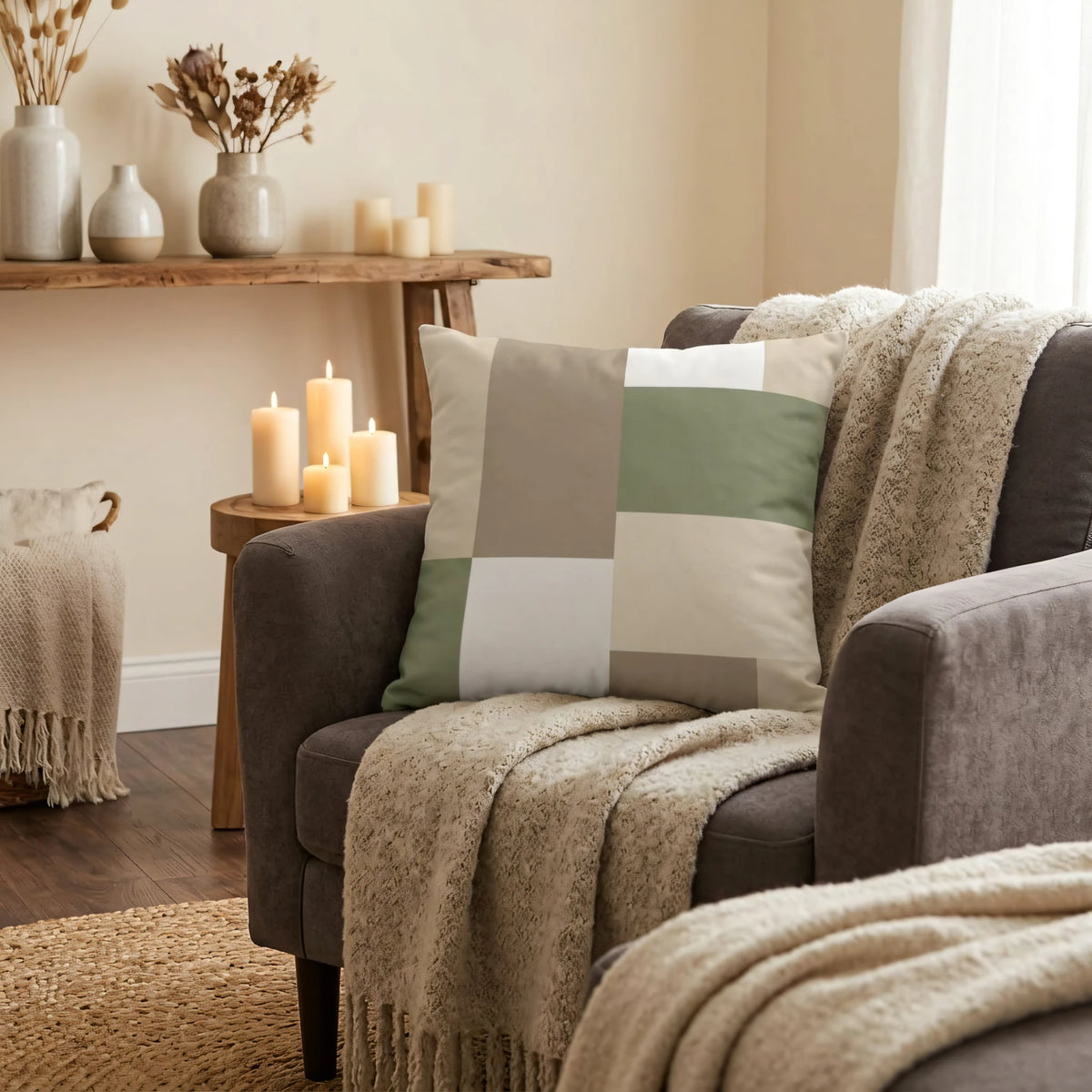 Earthy Tonal Blocked Throw Pillow Cover in Moss, lifestyle view.