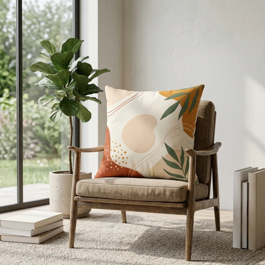 Abstract botanical pillow in terracotta and green on a wooden armchair in a sunlit room with a large window, potted plant, and books.