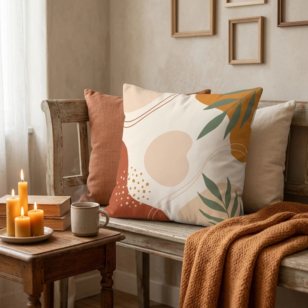 Abstract botanical cushion with terracotta leaf patterns on a rustic bench, featuring lit candles, old books, and a cozy orange knitted throw.