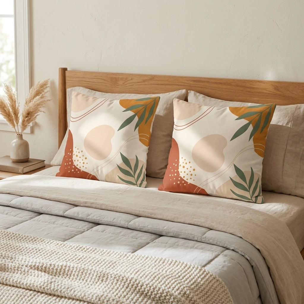 Two decorative throw pillows with abstract botanical leaf patterns in earth tones on a cozy bed with a wooden headboard in a minimalist room.
