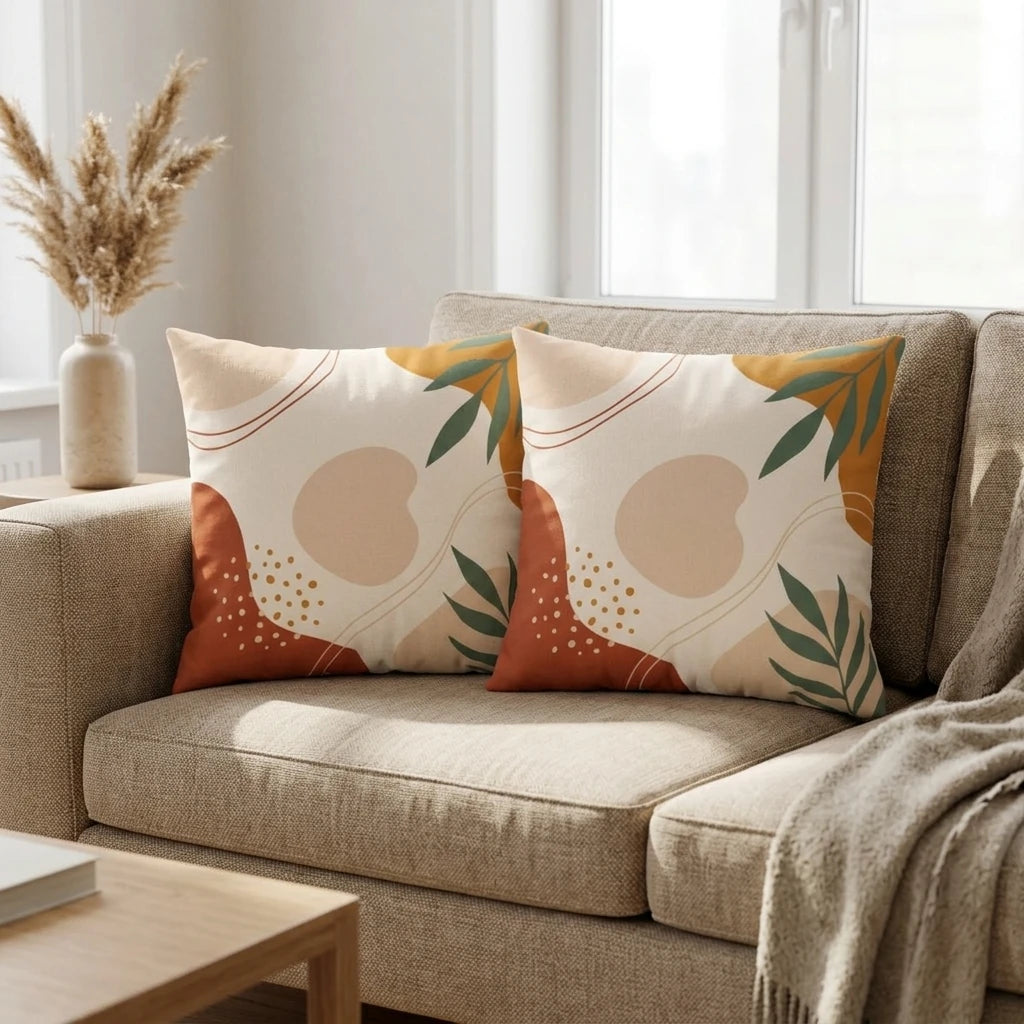 Duo of cushions with abstract leaf patterns in terracotta and sage green, resting on a beige sofa in a cozy, modern living room lifestyle scene.