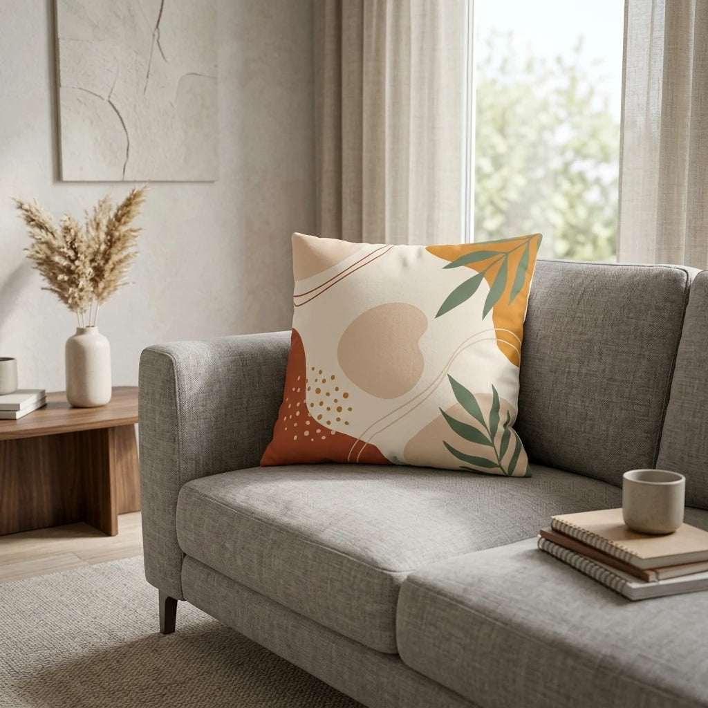 Abstract botanical throw pillow in terracotta and sage green on a grey fabric sofa in a minimalist modern living room setting.