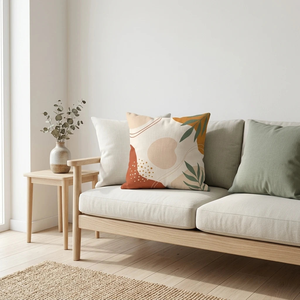 Minimalist abstract cushion with terracotta and sage leaf patterns on a light wooden sofa in a bright interior with a decorative wooden side table.