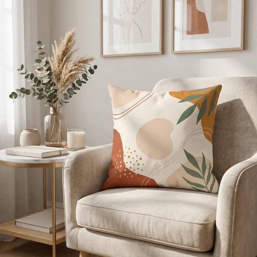 Decorative throw pillow with sage green leaves and terracotta shapes on a beige armchair next to a marble side table and dried plants.