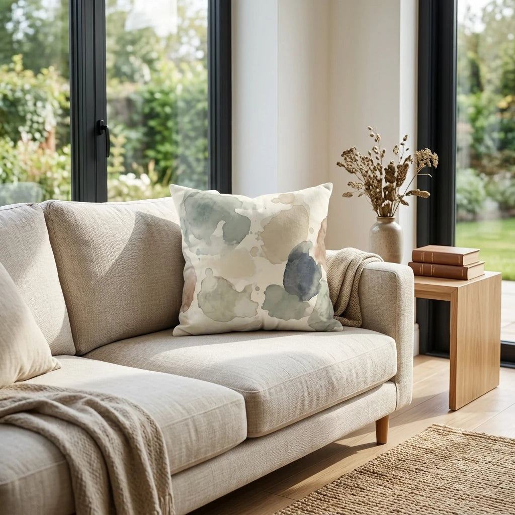 Modern watercolor throw pillow featuring abstract sage and blue patterns on a light couch in a sunlit living room with garden views.