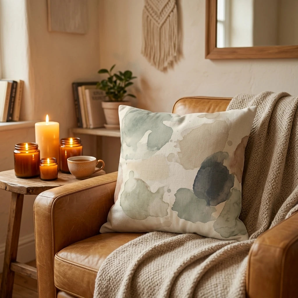Abstract watercolor throw pillow in sage green and blue on a leather armchair, surrounded by lit candles and a cozy knit blanket for home decor.