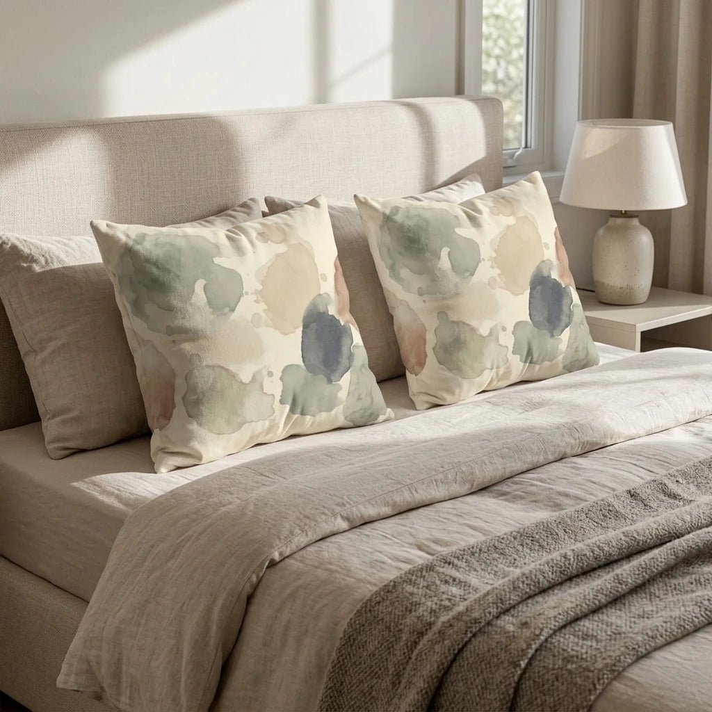 Two square cushions with an abstract watercolor design in sage and blue, styled on a neutral bed in a cozy, sunlit modern bedroom.