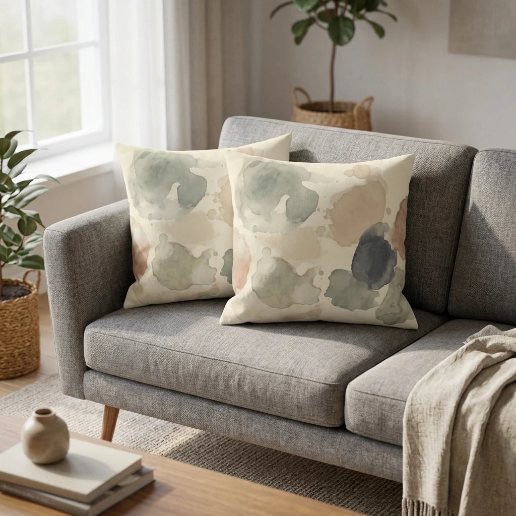 Pair of decorative pillows with abstract watercolor patterns in sage green and beige on a gray sofa in a bright, modern living room setting.