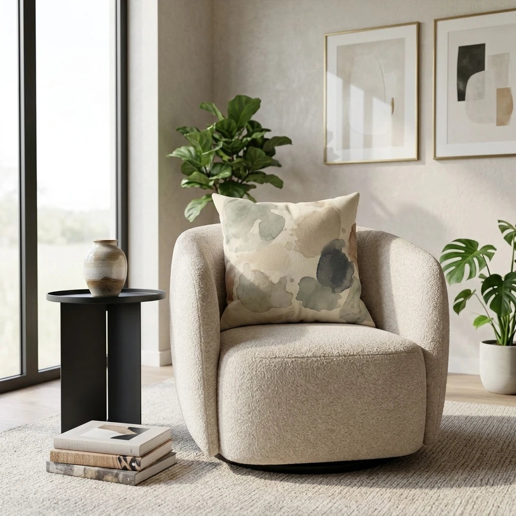 Watercolor abstract throw pillow in green and beige tones on a cream swivel chair in a modern salon styled with indoor plants and wall art.
