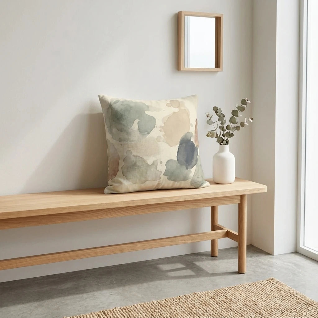 Abstract watercolor throw pillow in sage green and beige tones on a minimalist wooden bench with neutral decor and a white vase.