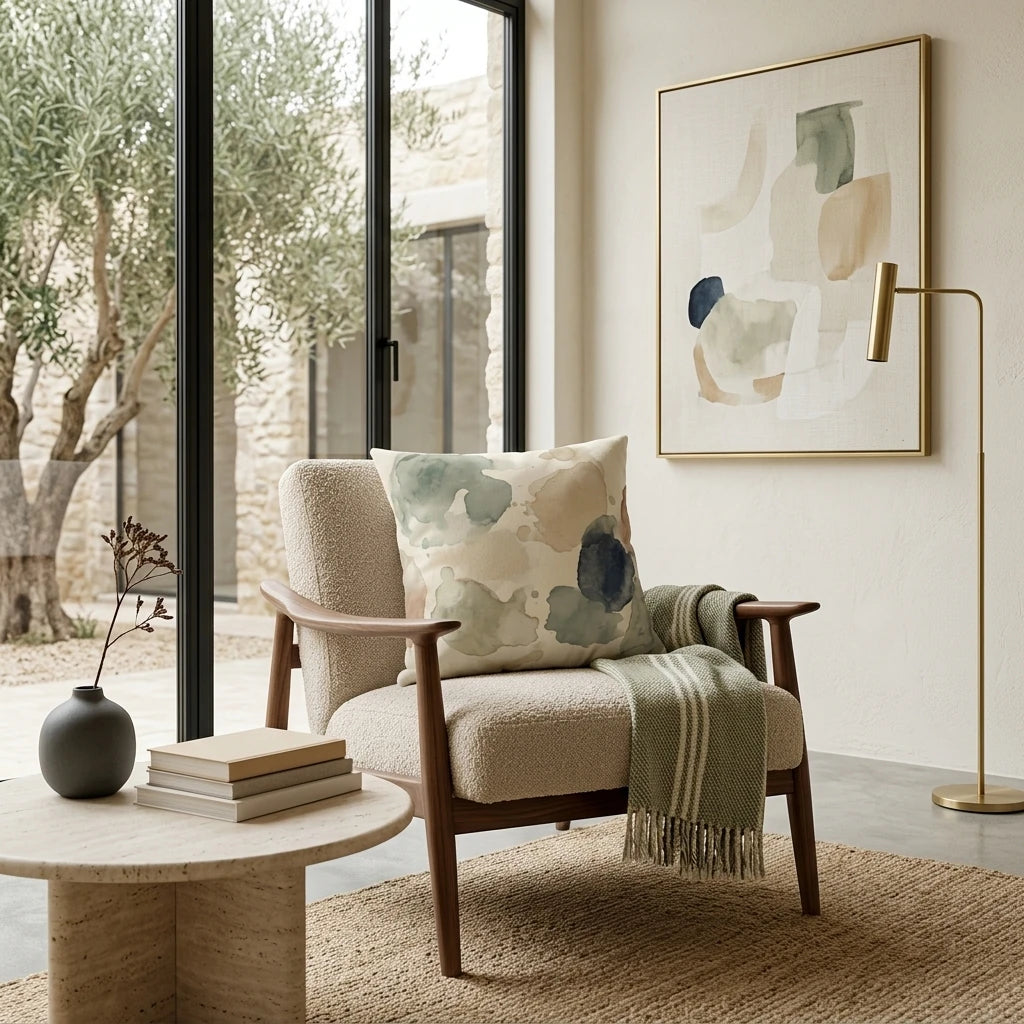 Abstract watercolor throw pillow with green and navy accents on a modern armchair in a bright, neutral living room with minimalist decor.