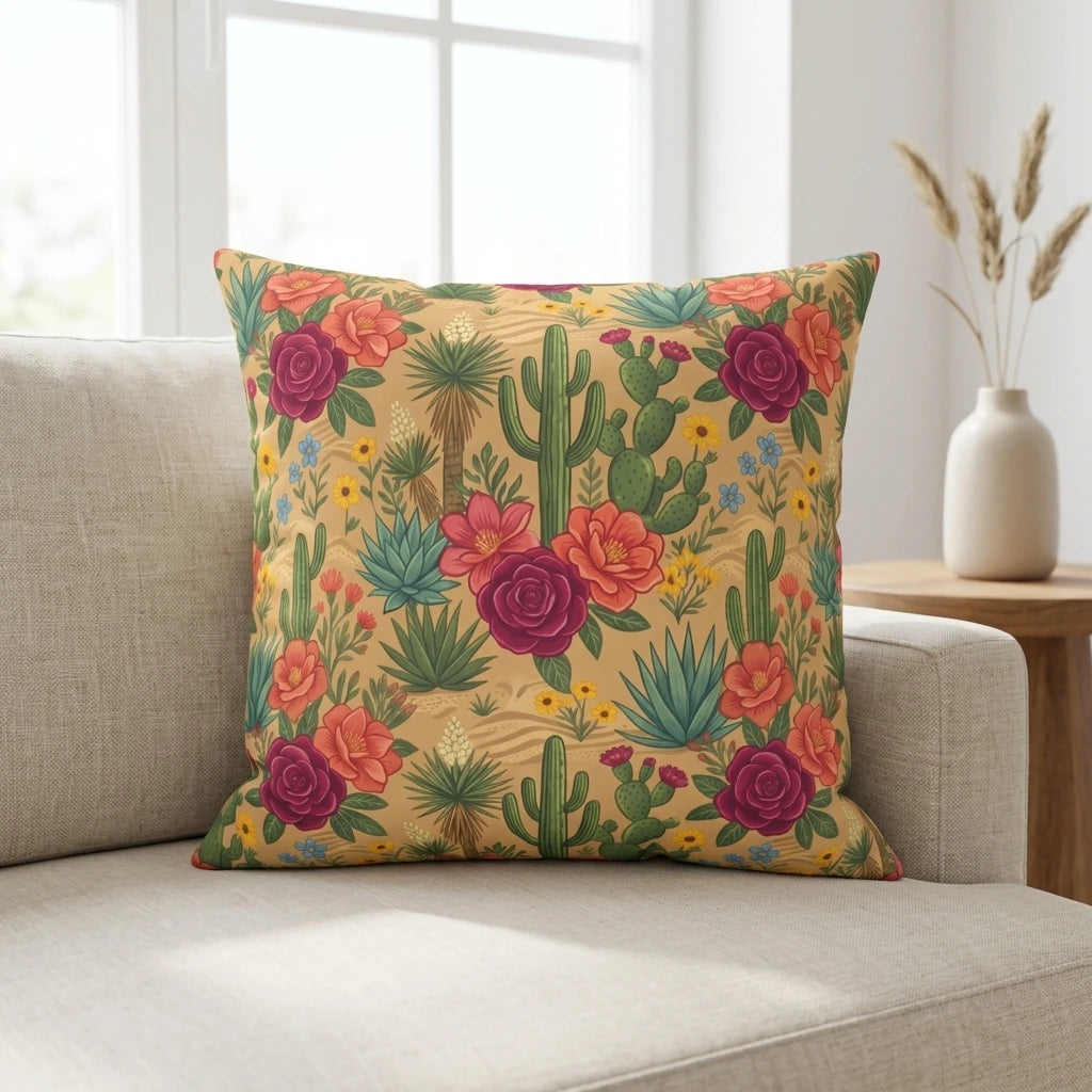 Colorful cactus and floral print cushion on a neutral beige sofa in a bright, sunlit room featuring warm magenta, orange, and green desert tones.