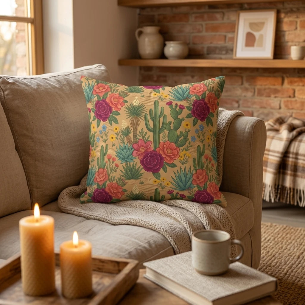 Decorative cactus and floral pattern throw pillow on a tan sofa in a cozy home setting with lit candles and a mug.
