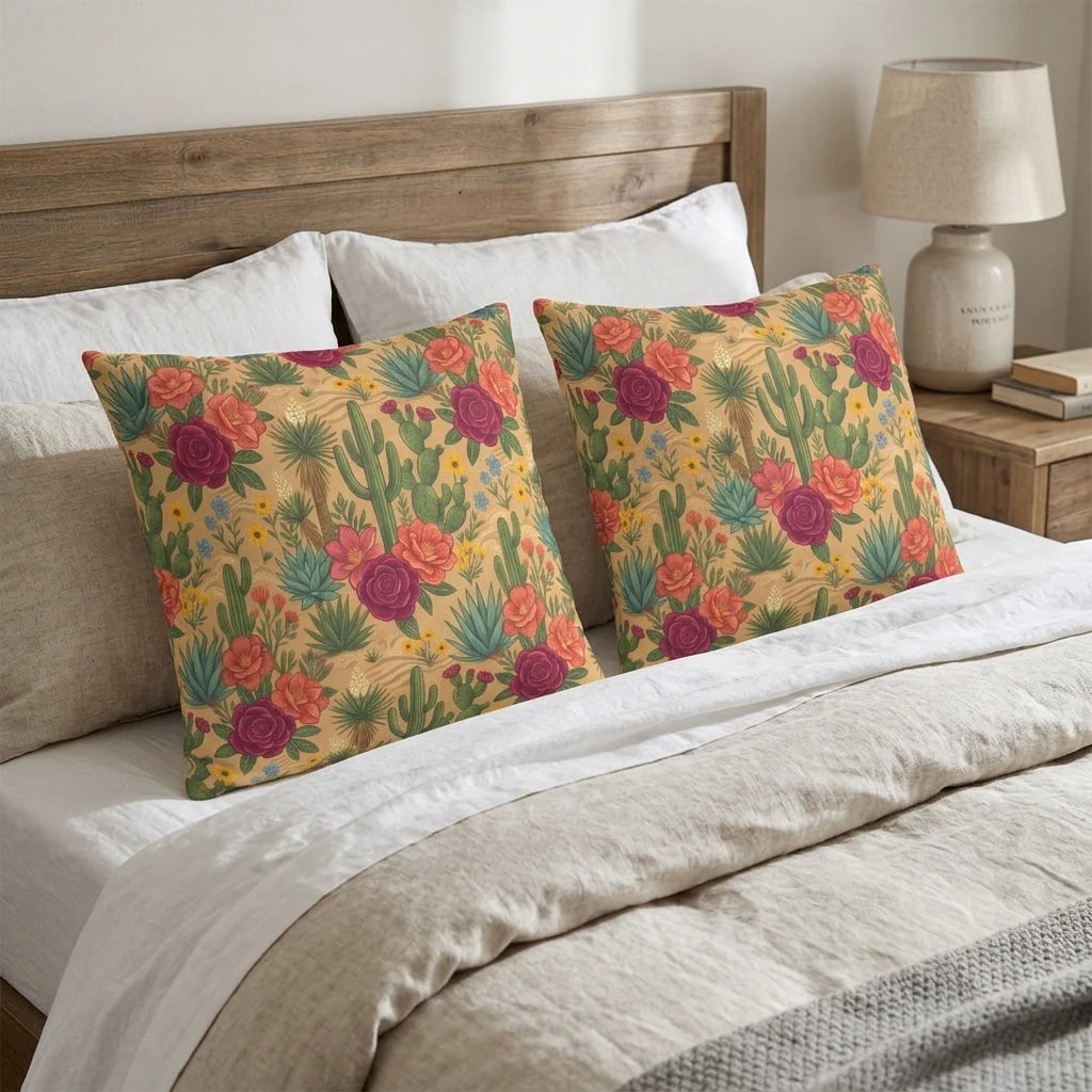 Two decorative pillows with a colorful desert cactus floral print on a cozy bed with white linens and a rustic wooden headboard in a bedroom.