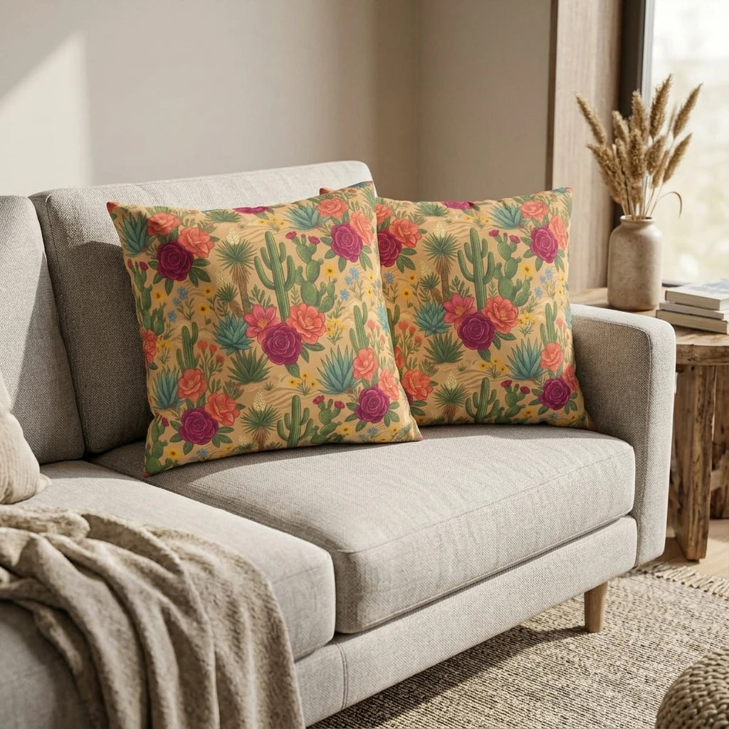 Pair of cushions featuring a cactus and rose floral desert pattern on a light grey sofa in a modern, cozy living room interior.
