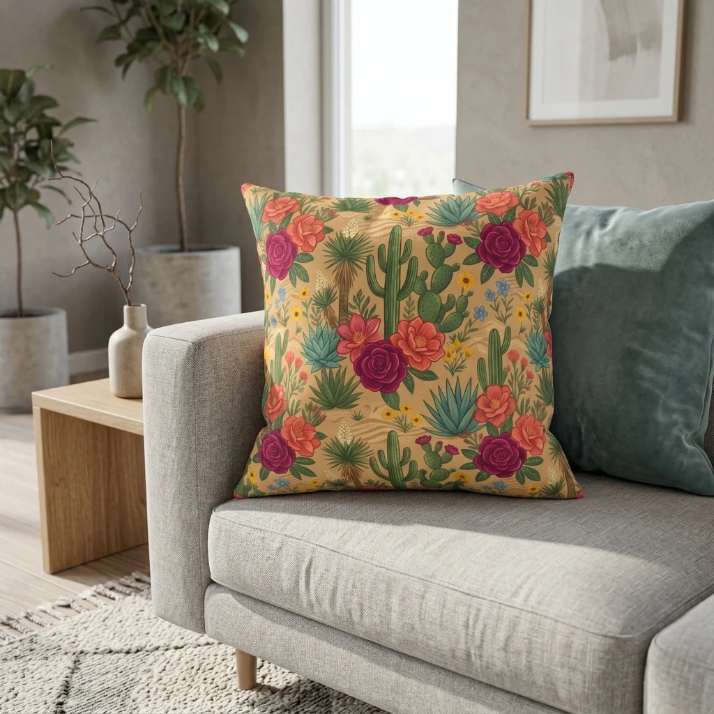 Yellow desert floral cushion with cacti and pink roses on a gray sofa in a bright, modern minimalist living room.