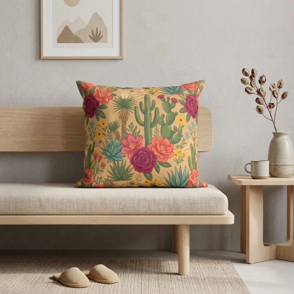 Floral cactus print throw pillow on a minimalist wooden bench in a bright living room. Desert botanical home decor with vibrant colors.