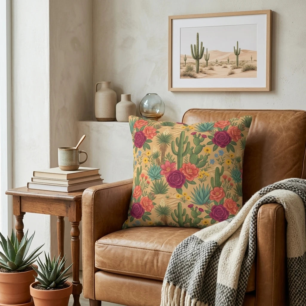 Floral cactus pattern throw pillow in pink and green on a leather armchair in a cozy desert-themed room with succulents and framed wall art.
