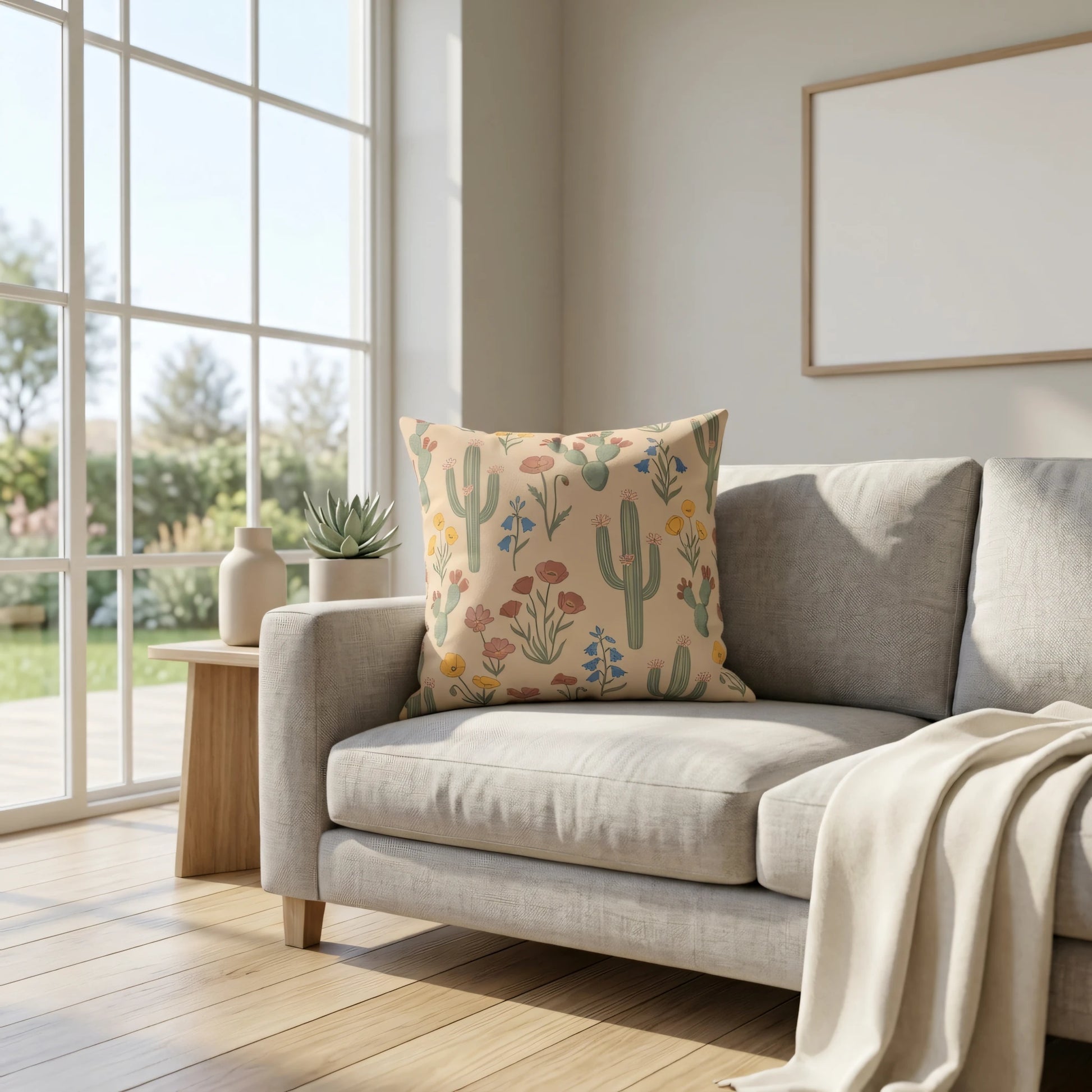 Botanical cactus and wildflower pattern cushion on a grey sofa in a bright living room lifestyle setting with natural light and minimalist decor.