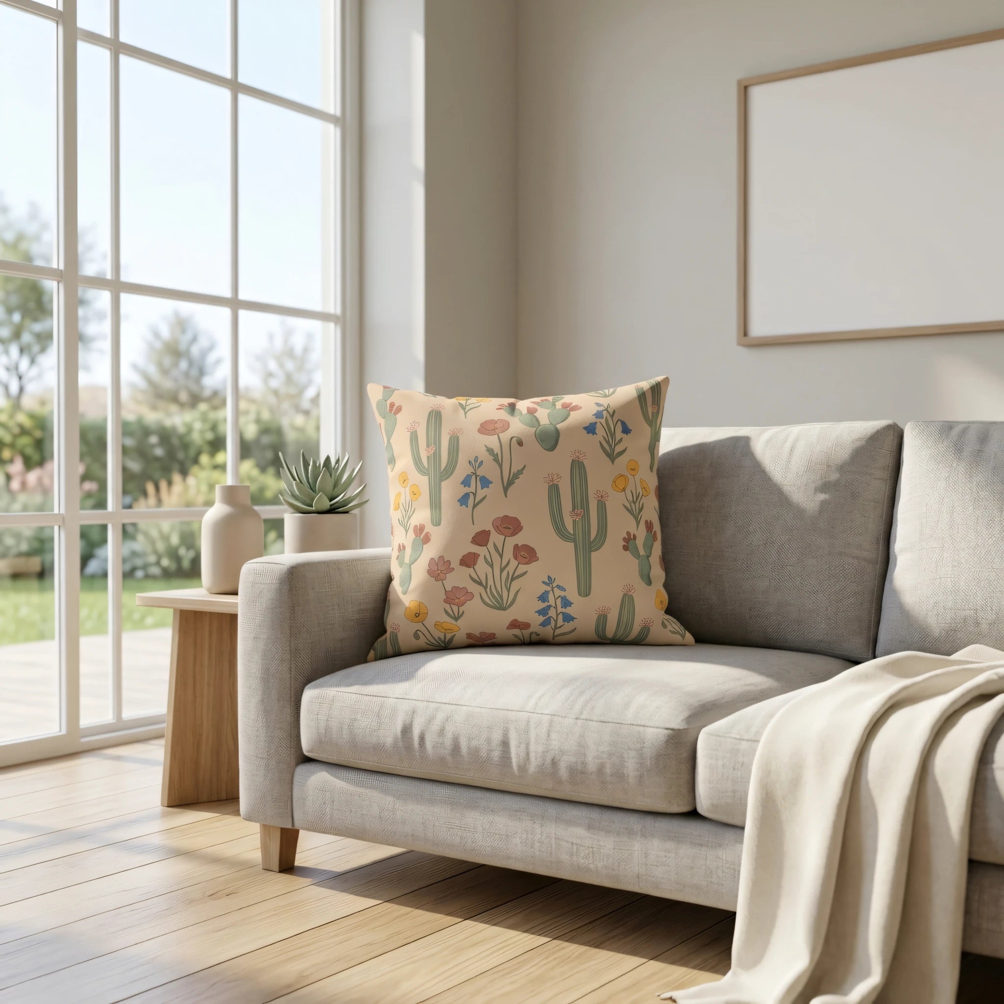 Botanical cactus and wildflower pattern cushion on a grey sofa in a bright living room lifestyle setting with natural light and minimalist decor.