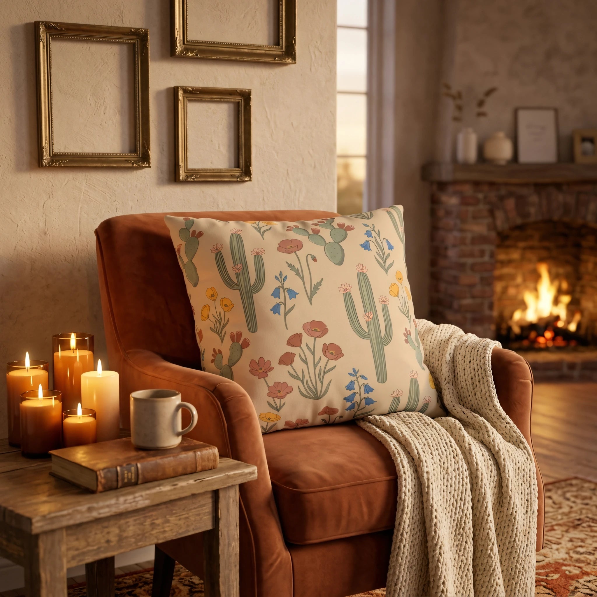 Cactus and floral print cushion on a burnt orange armchair in a cozy home setting featuring glowing candles and a warm brick fireplace.