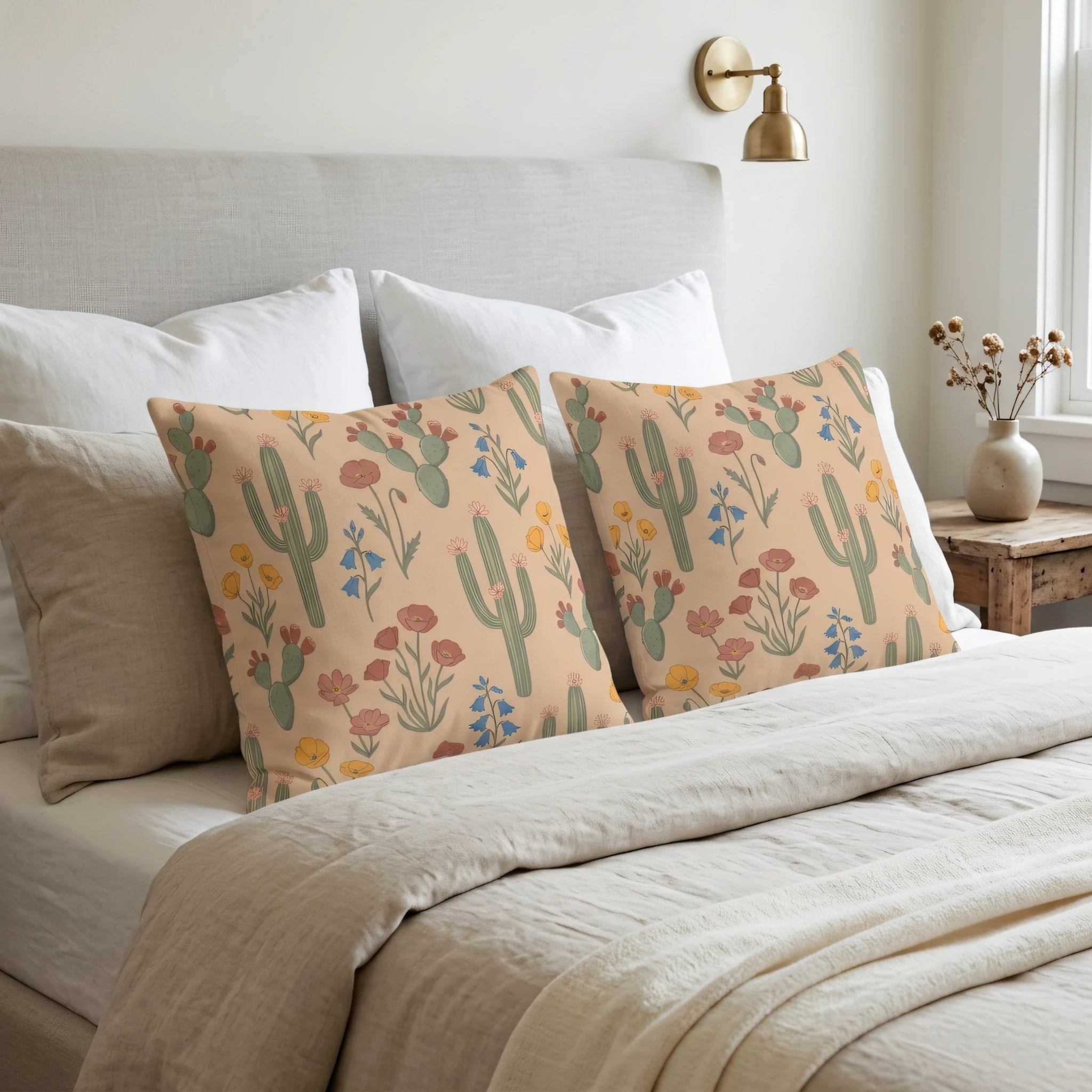 Two decorative pillows with a desert cactus and wildflower pattern on a cozy neutral bed with linen bedding and a brass wall lamp.