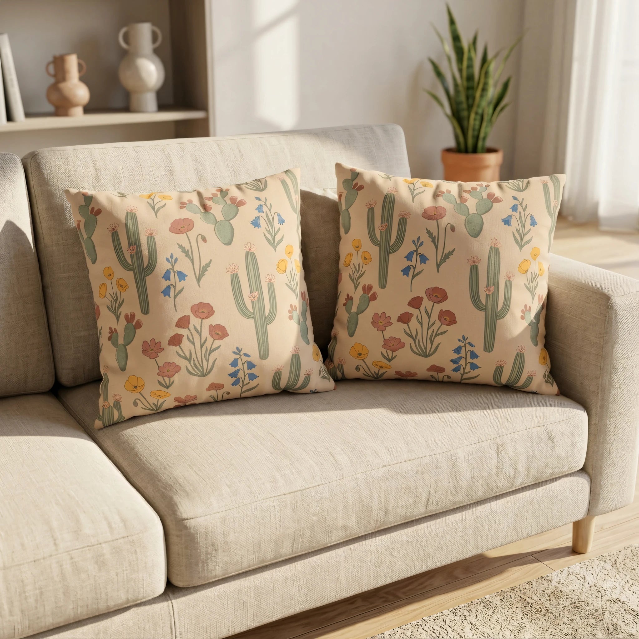 Duo of decorative cushions featuring a desert cactus and floral pattern on a cream sofa in a bright, minimalist living room setting.