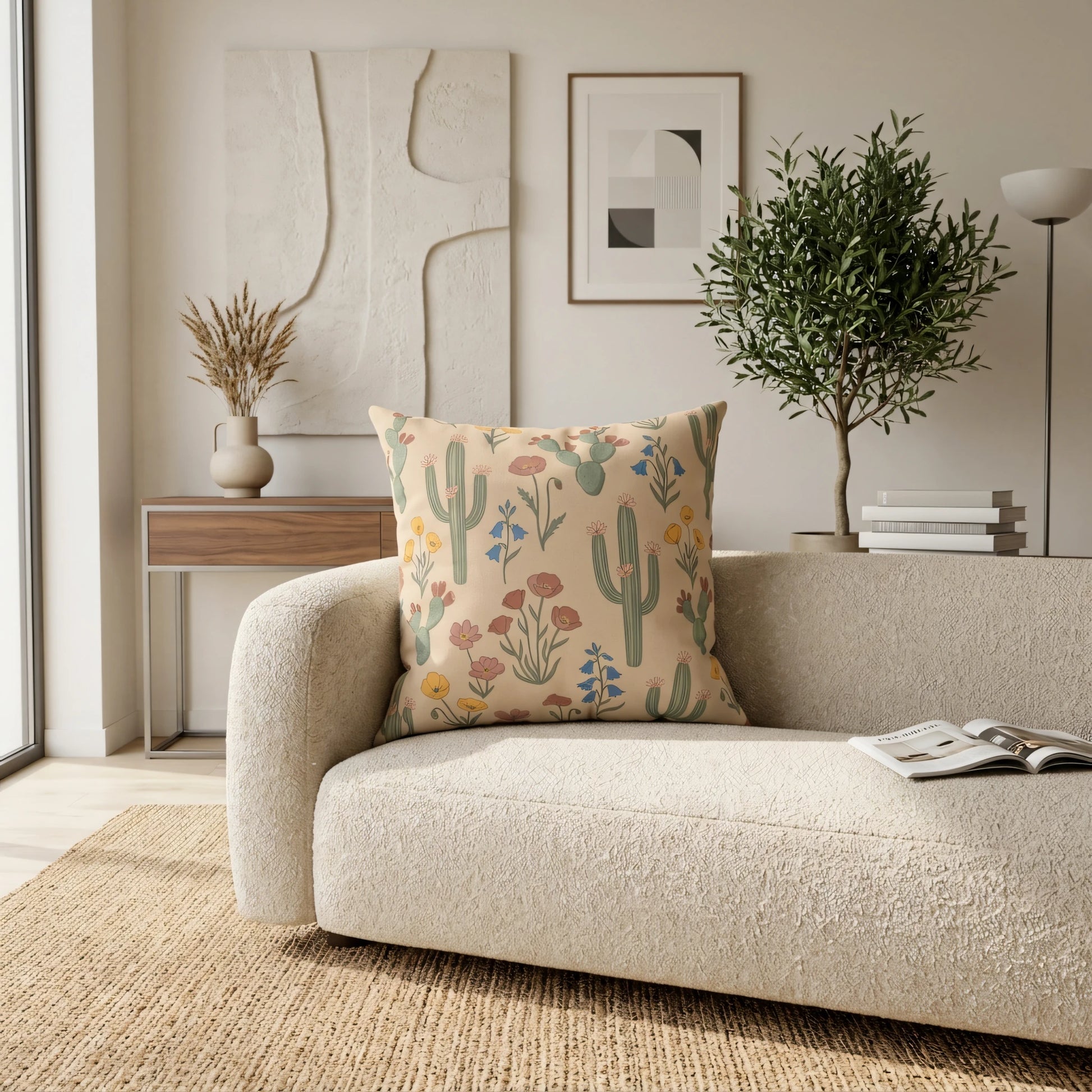 Cactus and wildflower throw pillow on a bouclé sofa in a modern minimalist living room with neutral tones, jute rug, and botanical art.