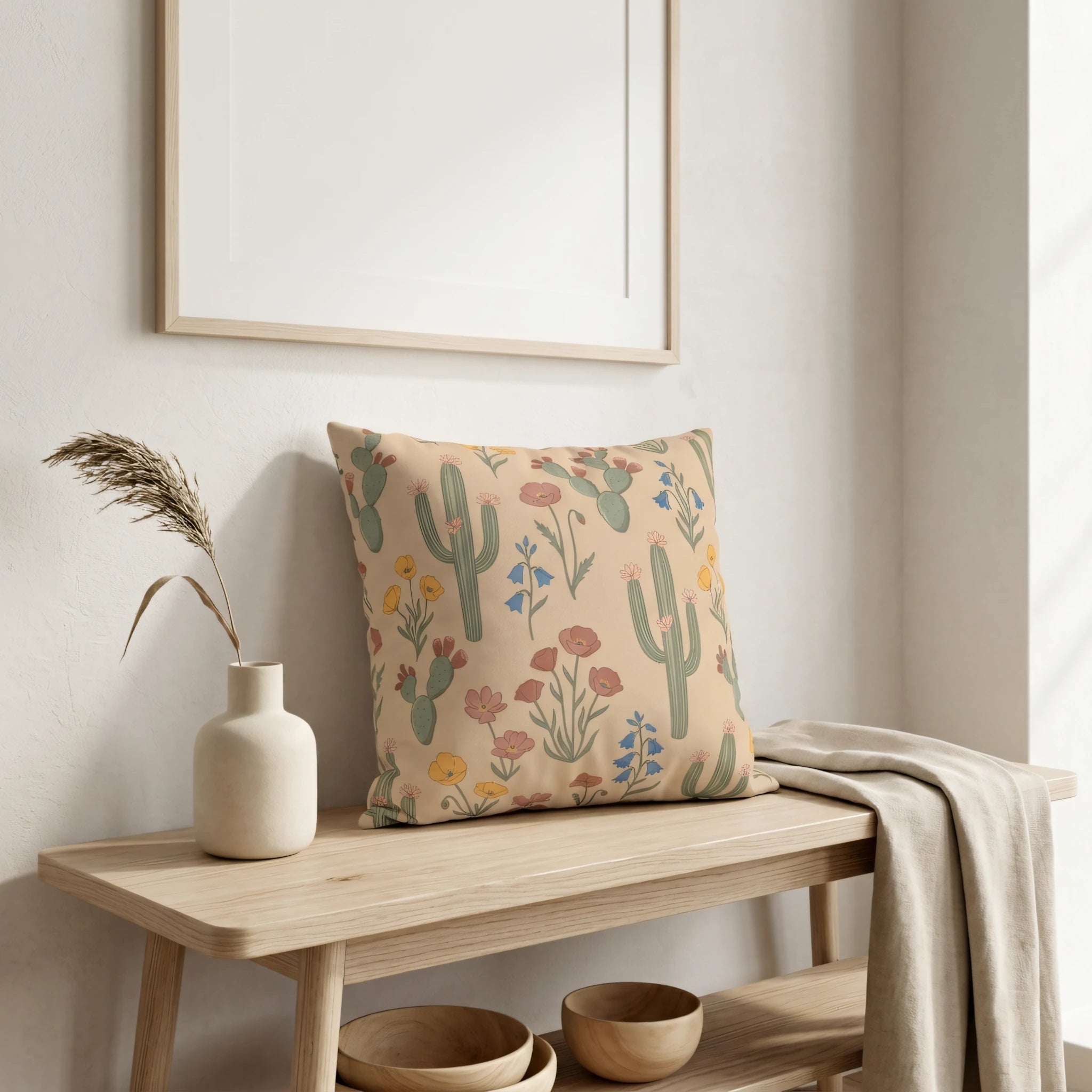 Minimalist interior featuring a beige cactus cushion with floral pattern on a wooden bench. Decorative pillow with green cacti and pink flowers.