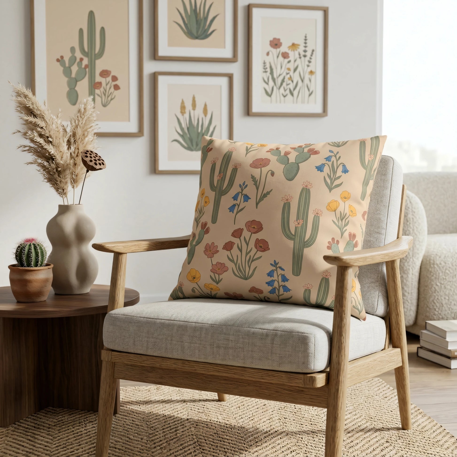 Cactus and wildflower pattern pillow on a mid-century wooden armchair in a modern living room with botanical wall art and desert decor.