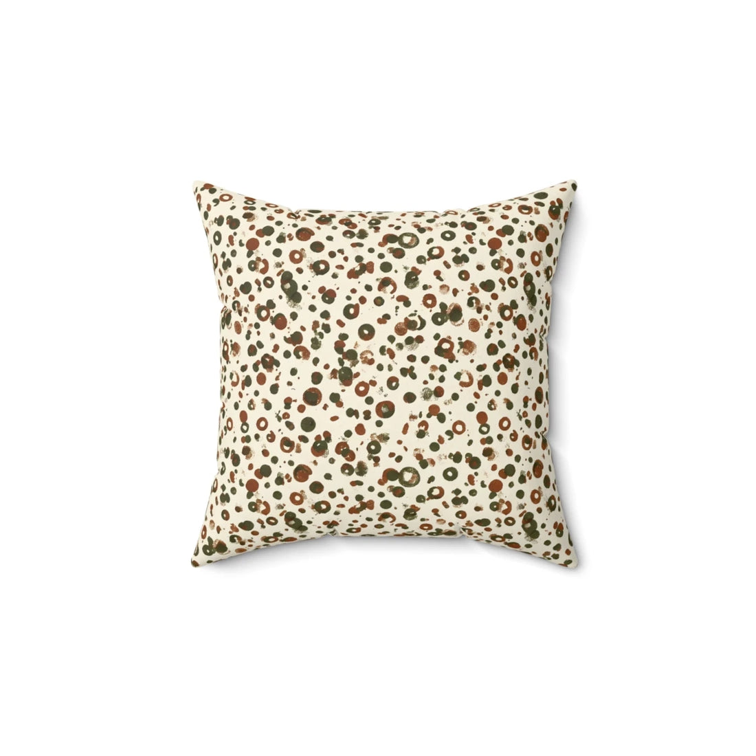 Front view of Earth Tone Hand-Stamped Ring Cushion Cover Cream with Olive on a white background.