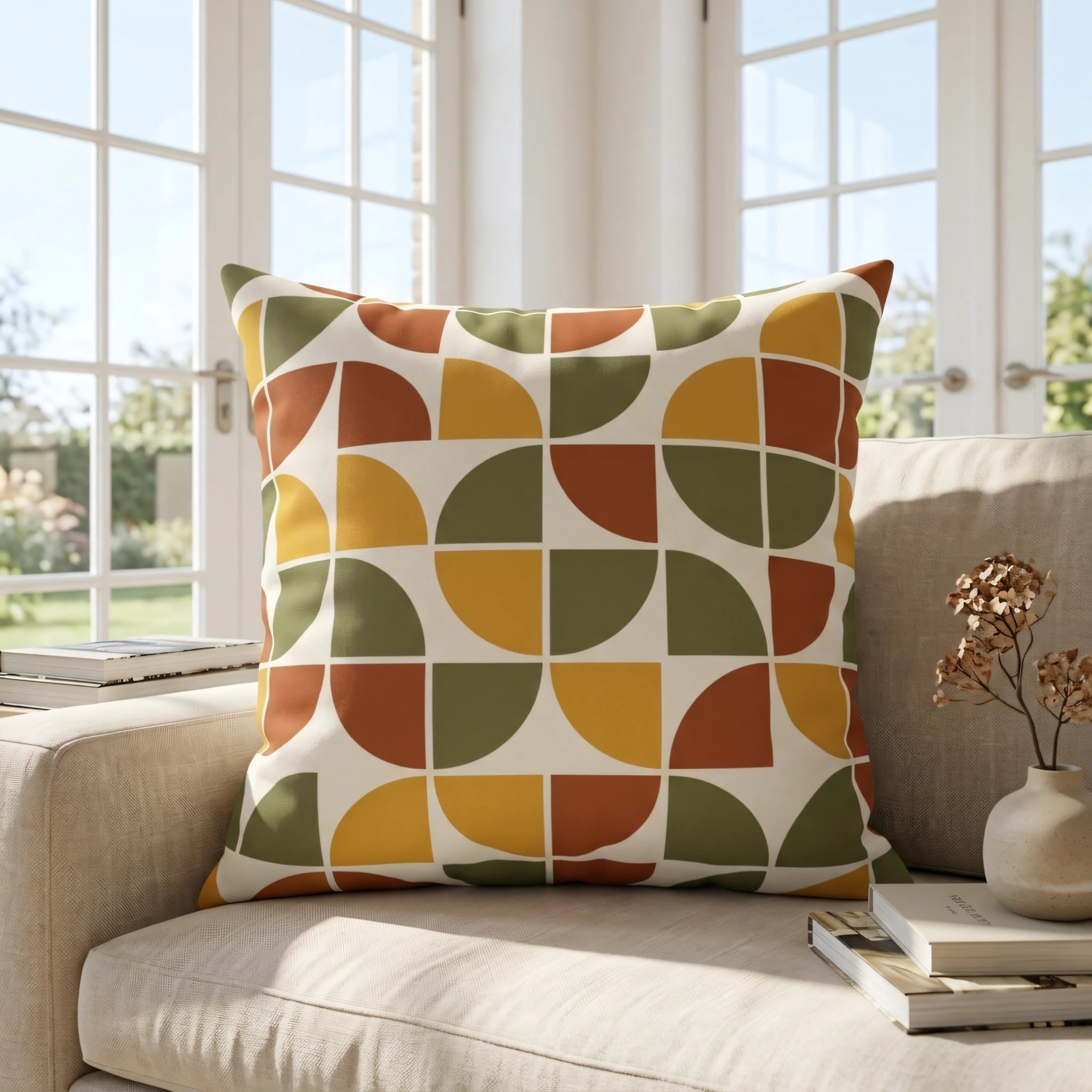 Mid-century geometric throw pillow with mustard and olive patterns on a beige sofa in a bright sunlit living room with large windows.