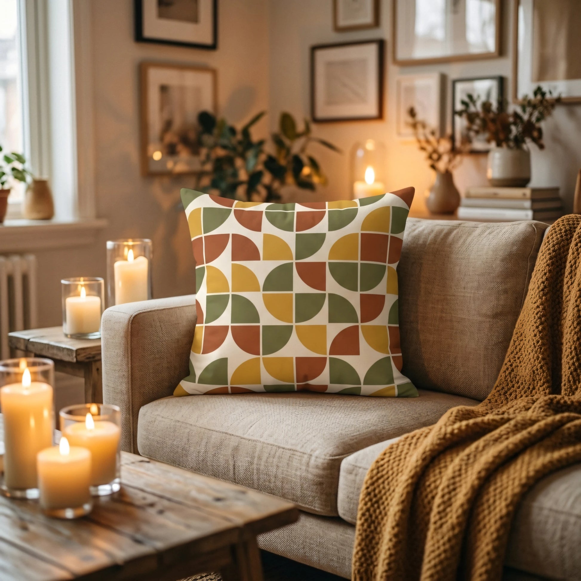 Geometric pillow with green, yellow, and terracotta semi-circles on a couch in a cozy home setting with glowing candles and a mustard knit throw.