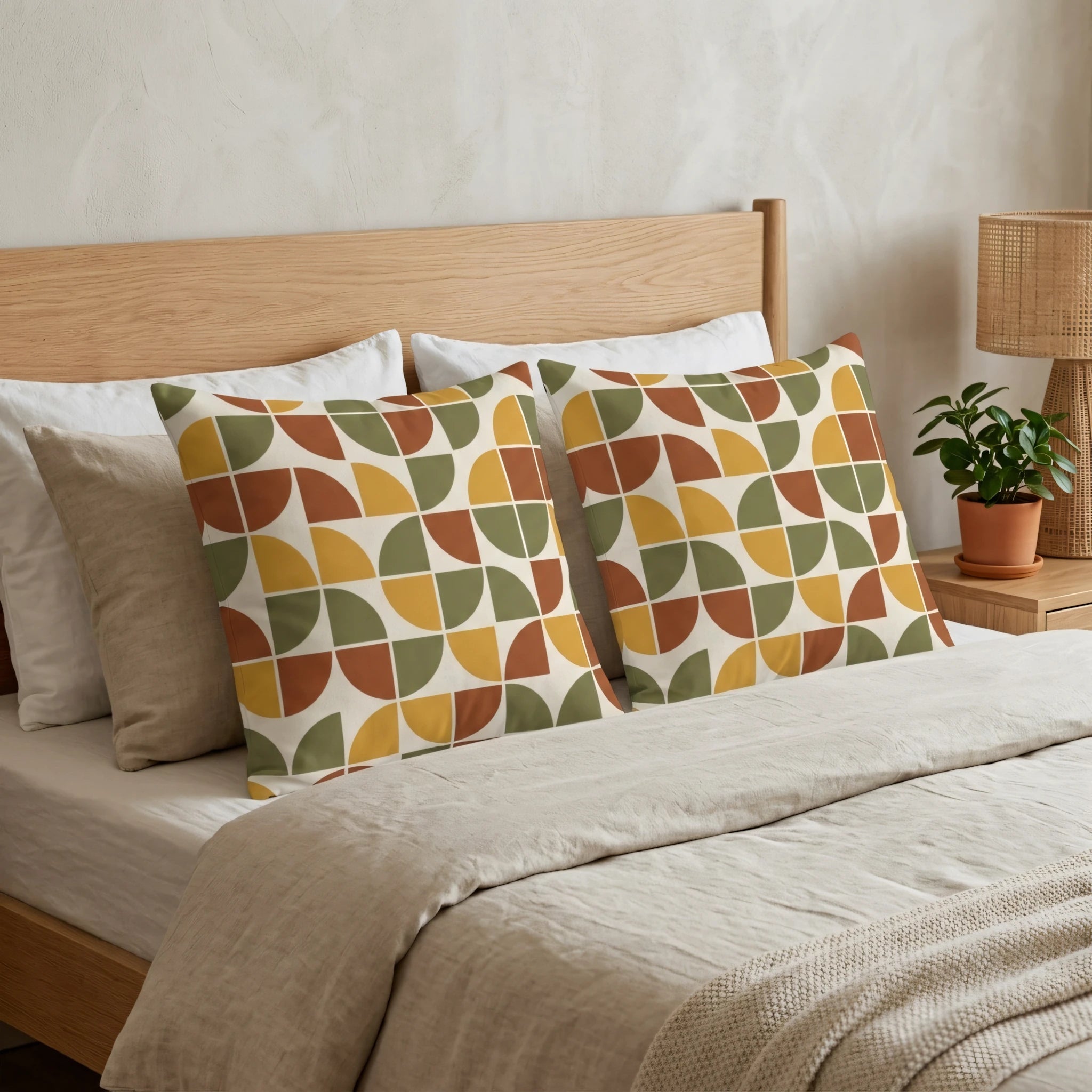 Pair of decorative pillows with a retro semi-circle pattern in earthy tones on a modern bed with a wooden headboard and wicker lamp.